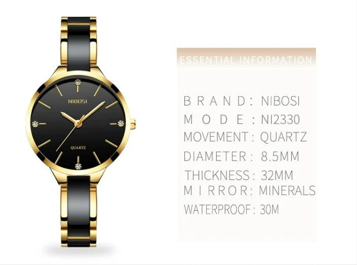 NIBOSI Luxury Ceramic Ladies Bracelet Watches - Gold Black_4