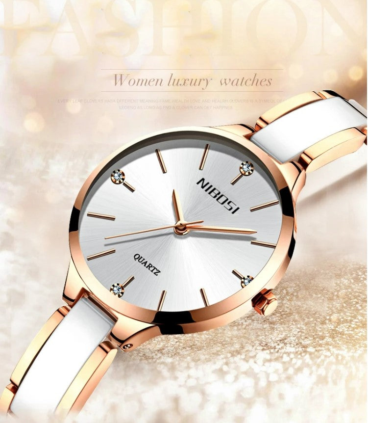 NIBOSI Luxury Ceramic Ladies Bracelet Watches - Rose White_1